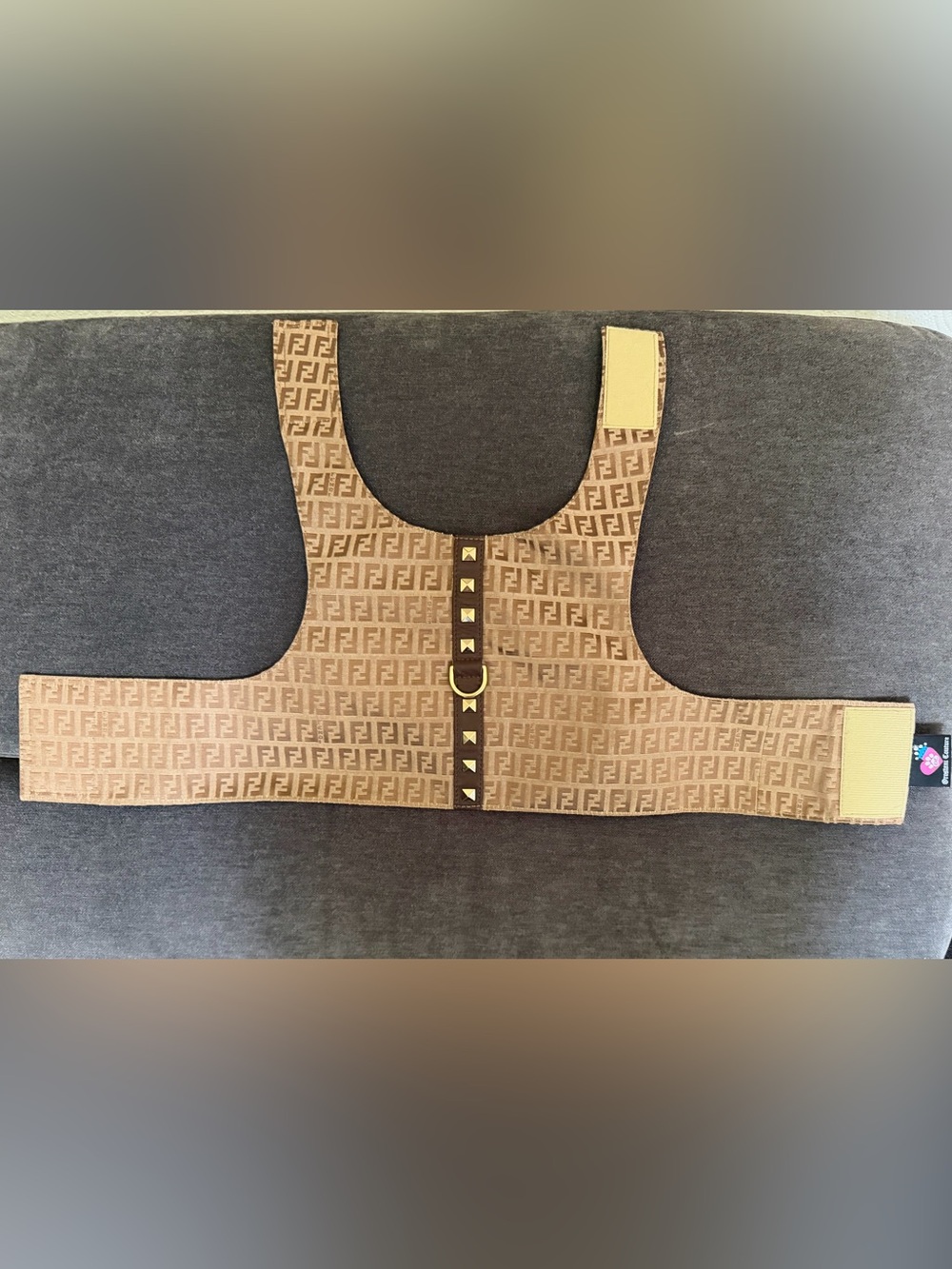 Upcycled Authentic Fendi Monogram Dog Harness with Gold-Tone Studs